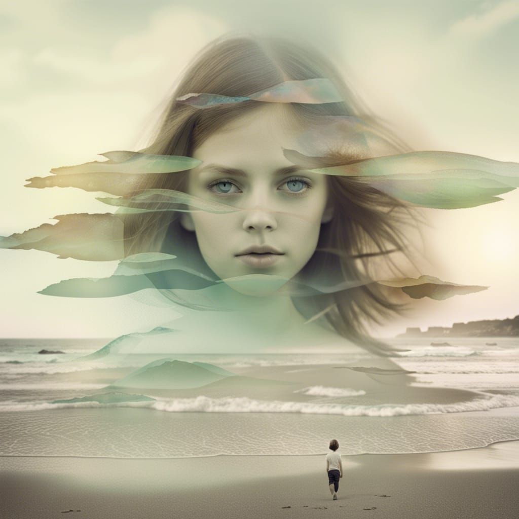 Surreal Double Exposure: Girl with Abalone Eyes on Beach
