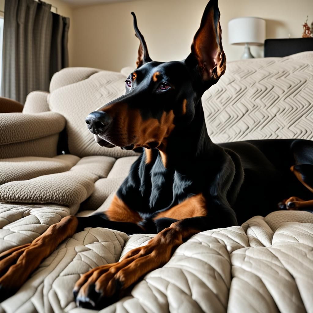 Resting Doberman with Quilted Blanket