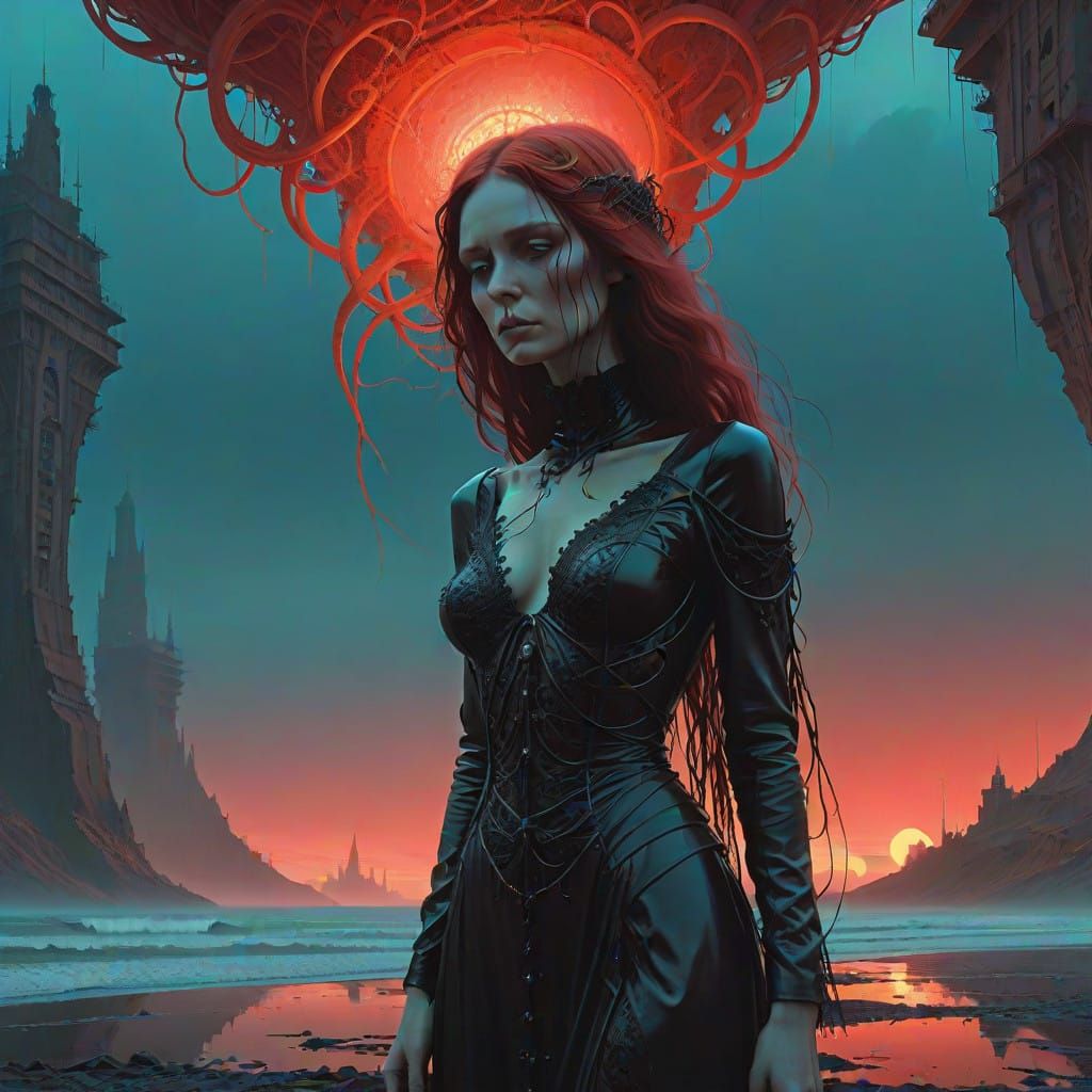 Ethereal Gothic Goddess in Distorted, Abstract Realm