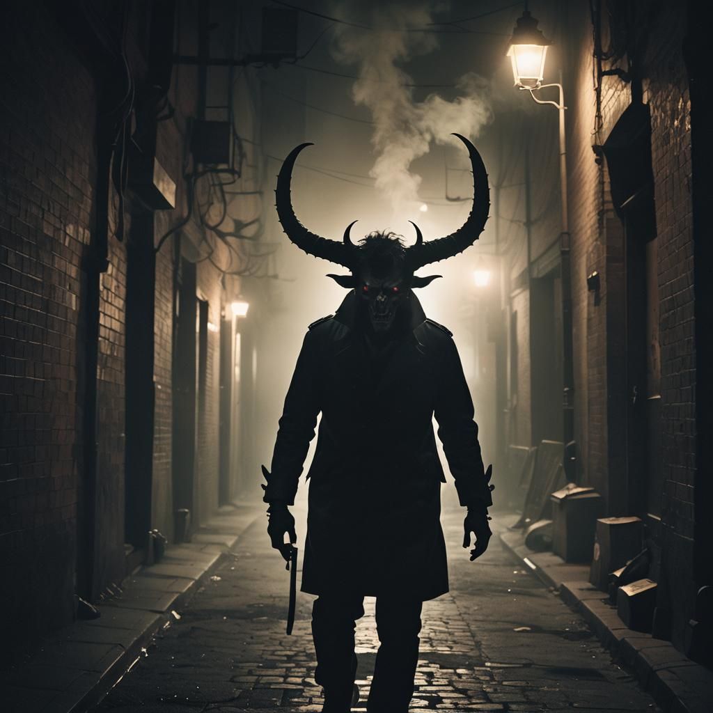 Demonic Figure in Dark Alleyway, Cinematic Film Still