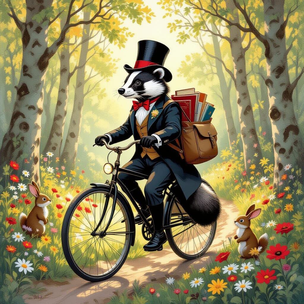 Badger on Penny-Farthing Bicycle in Sun-Dappled Forest