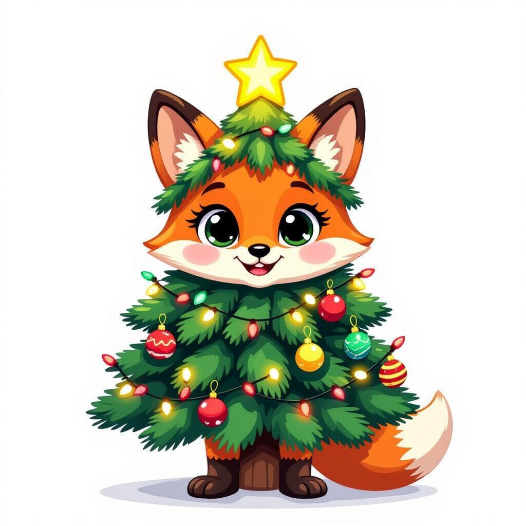 Smiling Cartoon Fox Disguised as Christmas Tree