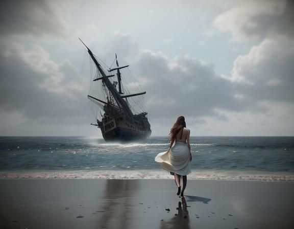 Lady on Stormy Beach After Shipwreck