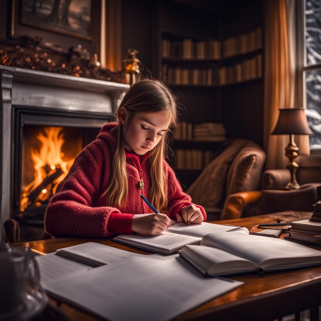 Cozy Winter Day: Girl Doing Homework by Fire