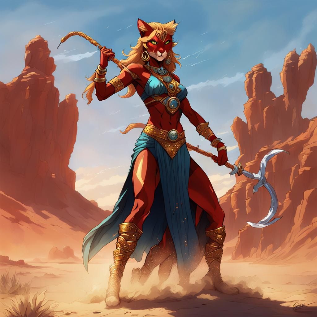 Cheetara Belly Dancer Battles in Desert Landscape