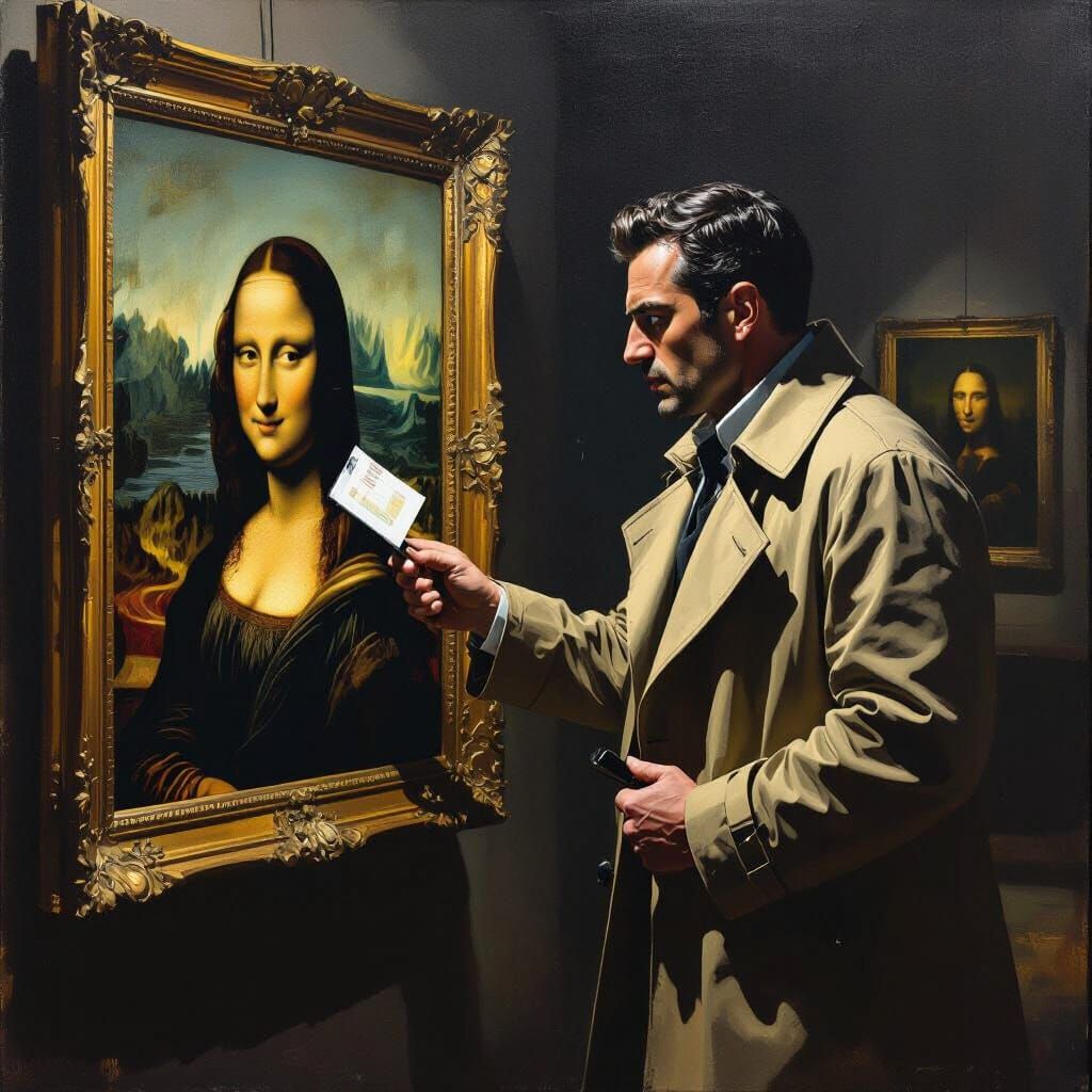 Detective Interrogates Mona Lisa in Noir Style