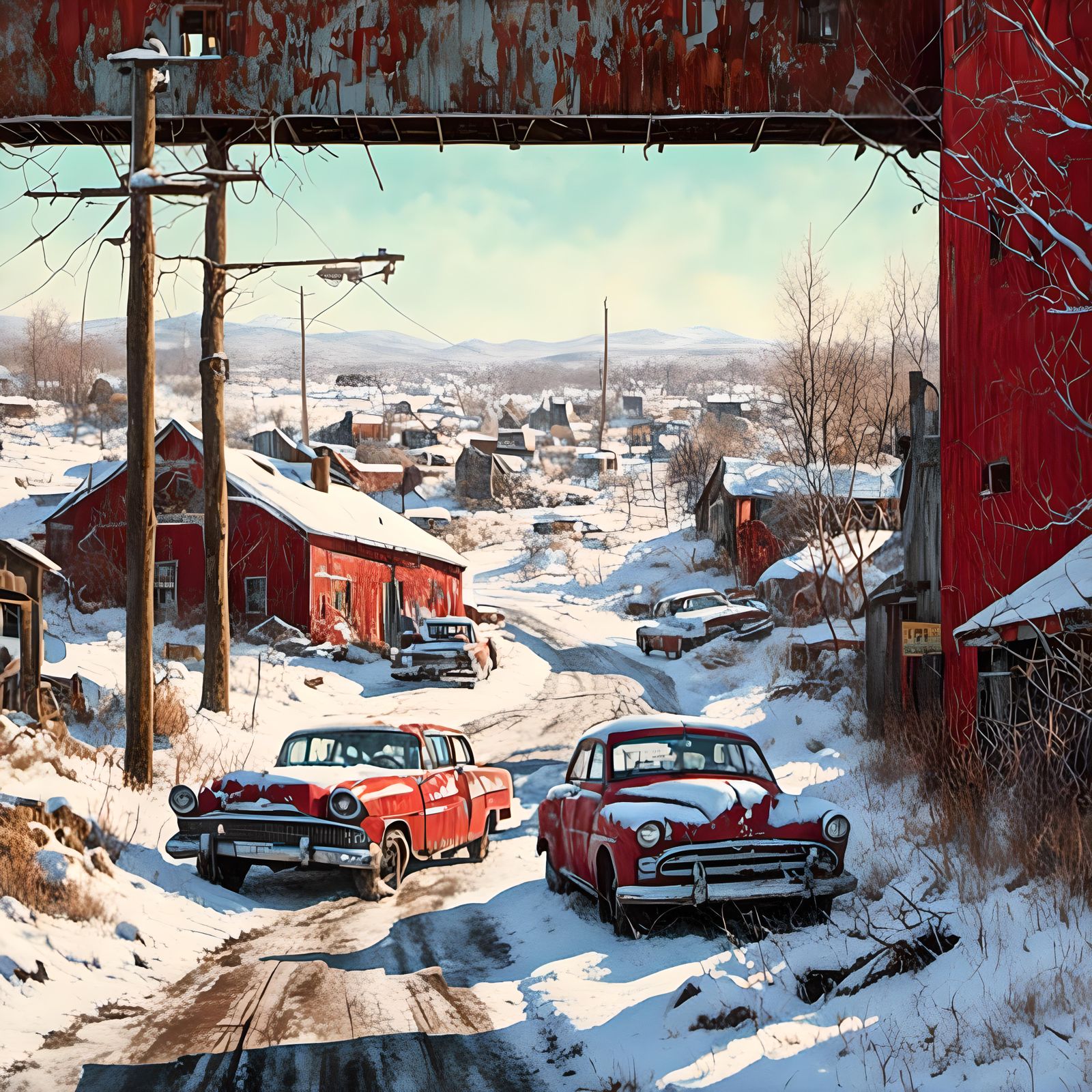 Snowy Industrial Street in Pointillist Style