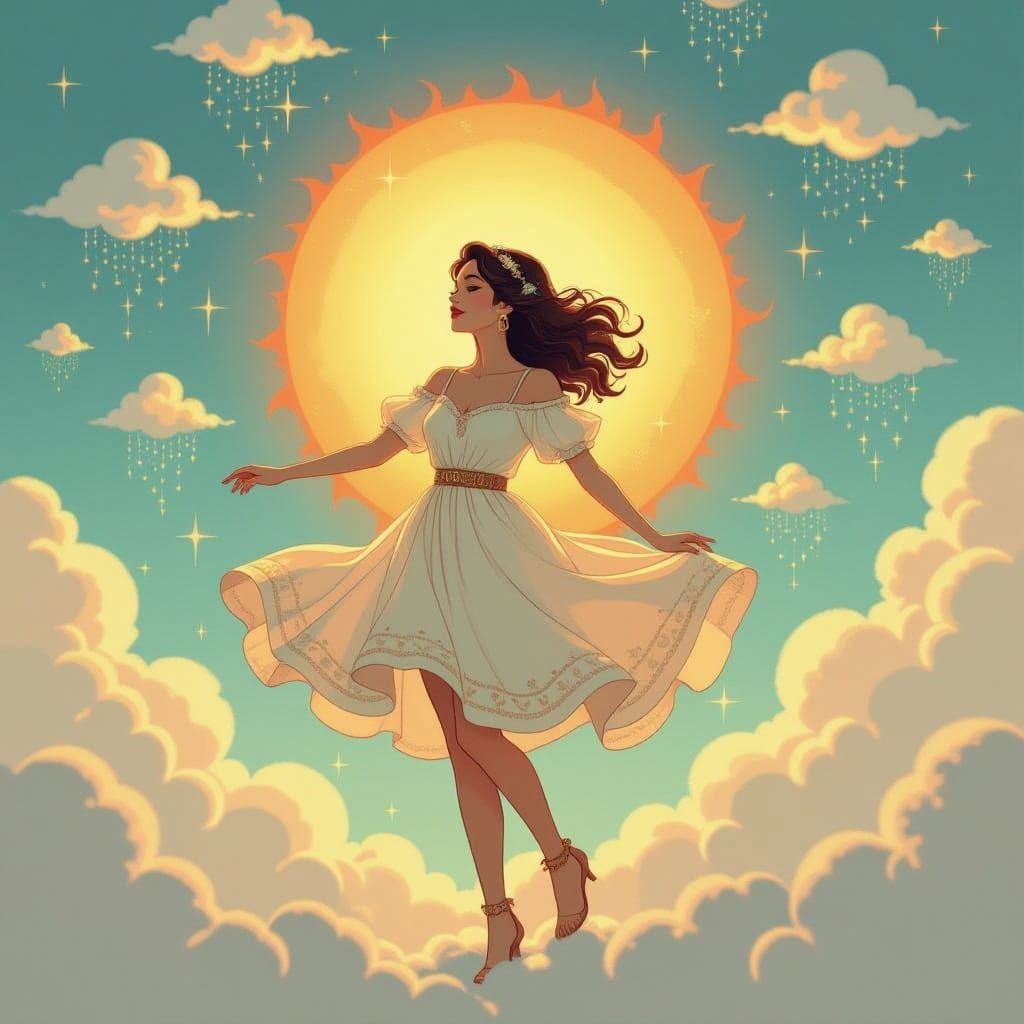 Whimsical Woman Dancing in Glitter Rain