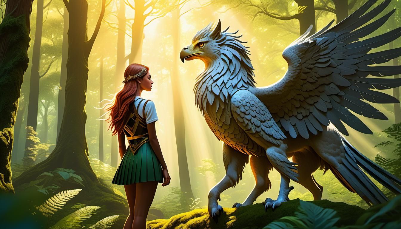Girl and Griffin in Lush Forest Illustration