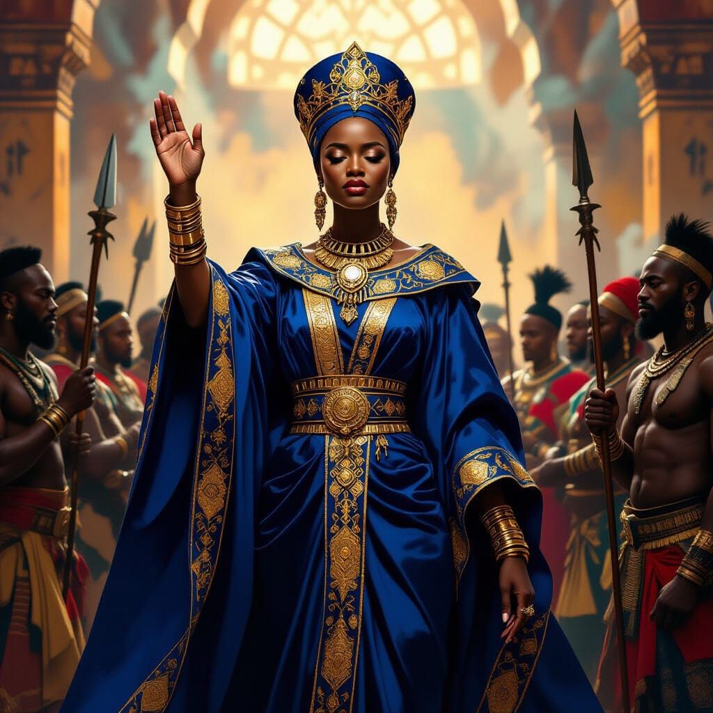 Majestic African Queen in Grand Hall, Expressive Portrait