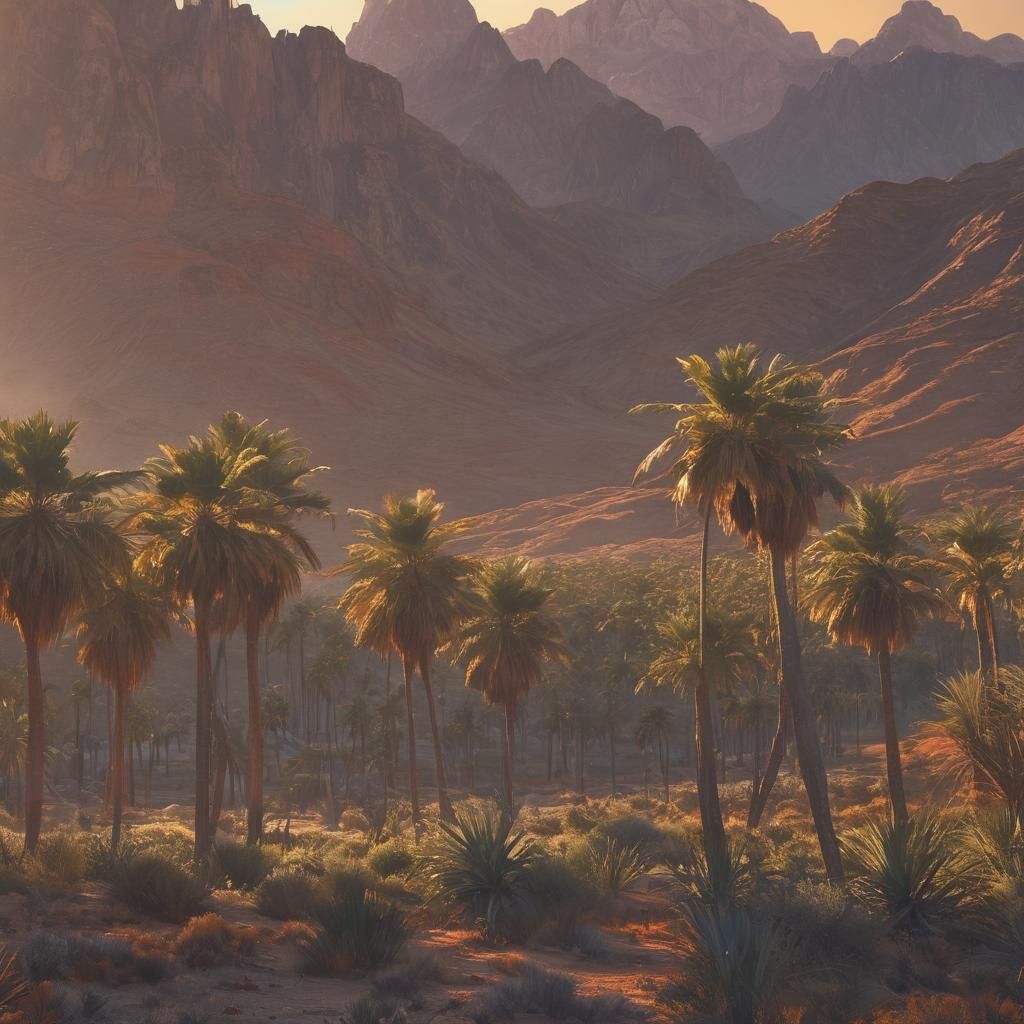 Desert Landscape: Palm Trees and Mountains in Golden Light