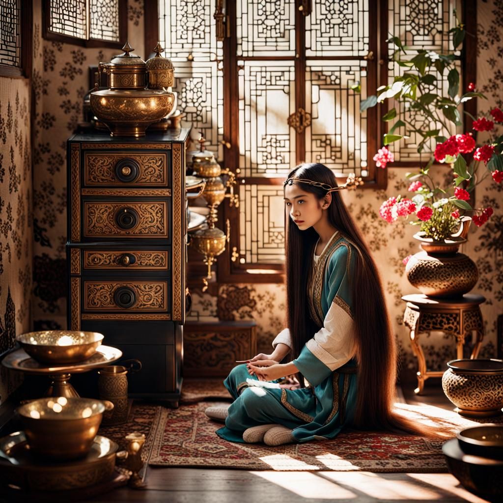 Oriental Woman and Elves in Antique Home