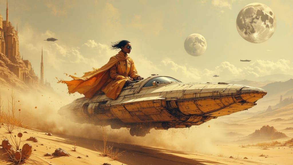 Desert Speeder Kicking Up Dust Under Two Moons