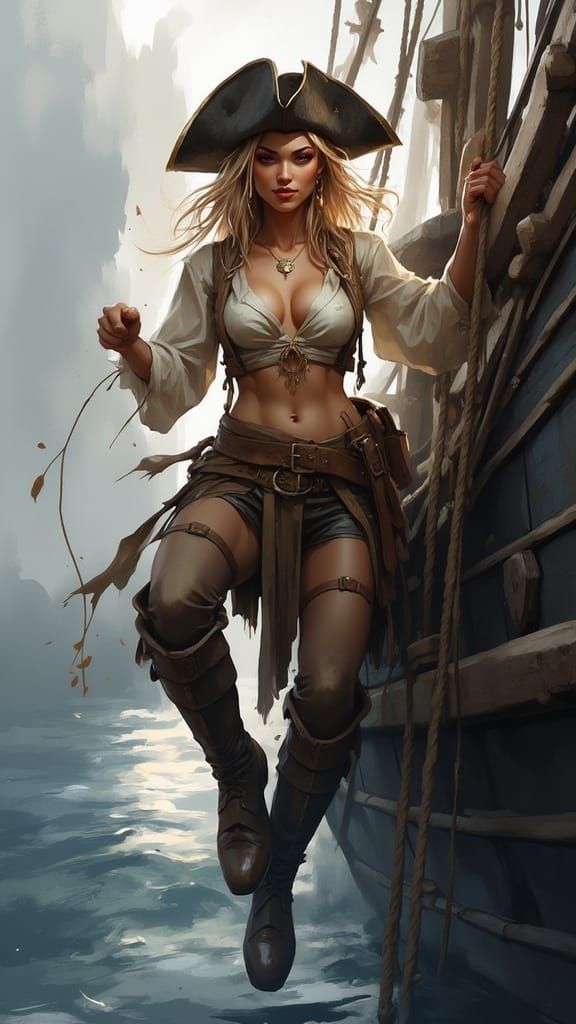 Blonde Pirate Ascends Rope Ladder in Stormy Seas