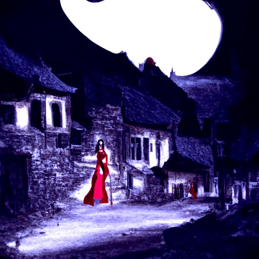 Female Vampire Stalks Village in Moonlight
