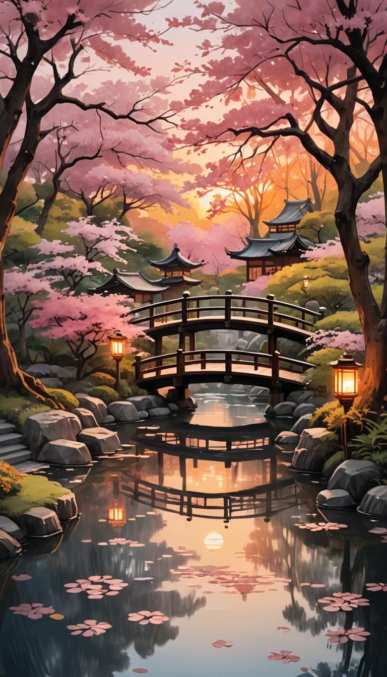 Serene Japanese Garden at Sunset in Anime Style