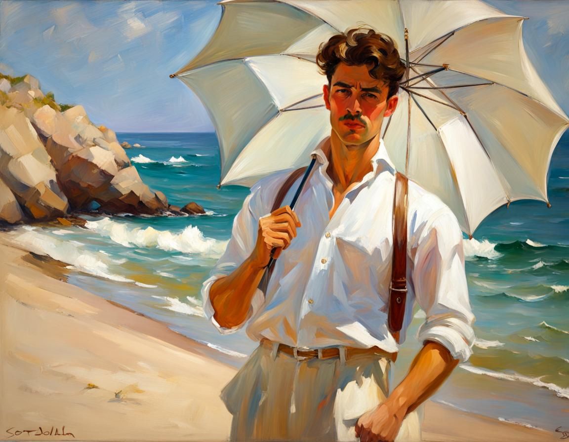 Edwardian Man with Umbrella, Impressionistic Oil Painting