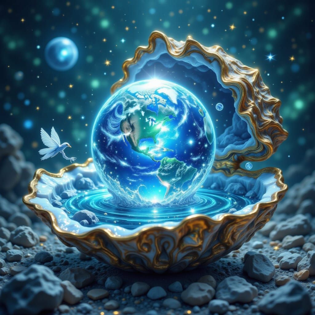 Glistening Oyster Reveals Earth: Dreamy Digital Art