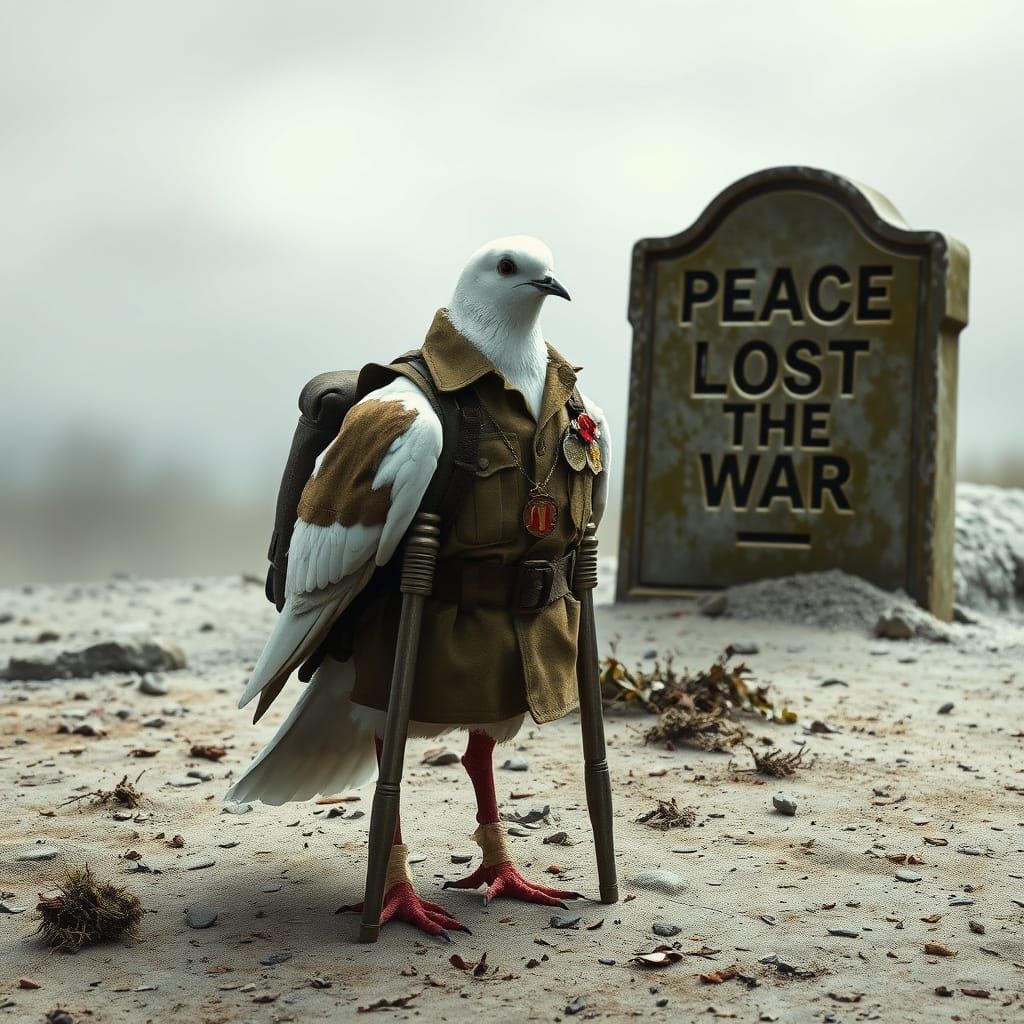 Solemn Mourning Dove in Worn Soldier Uniform Stands Amidst D...