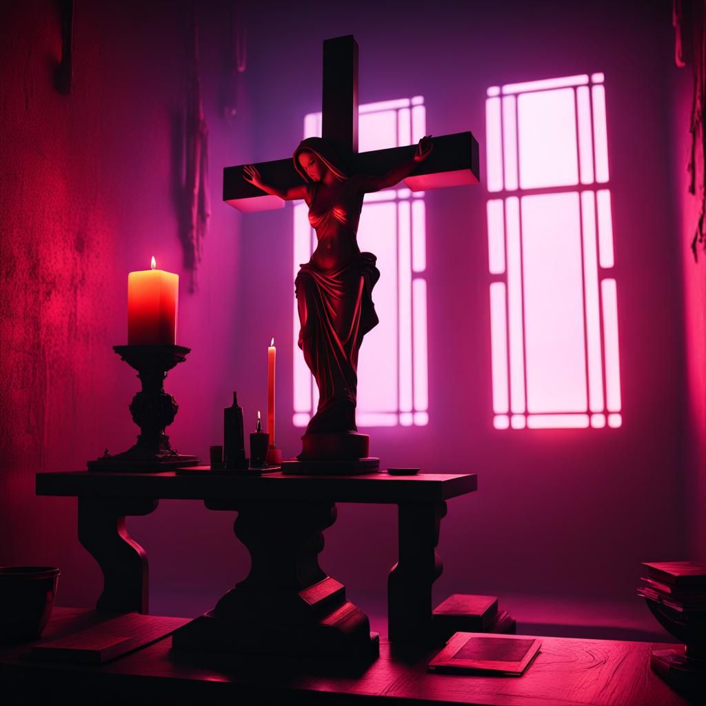 Cyberpunk Altar with Virgin Mary Statue