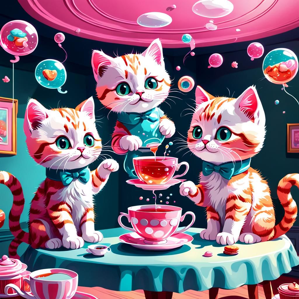 Pink Kittens' Bubble Tea Party in Candy Art Style