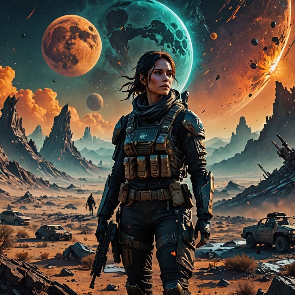 Soldier Girl on Alien Planet with Moons