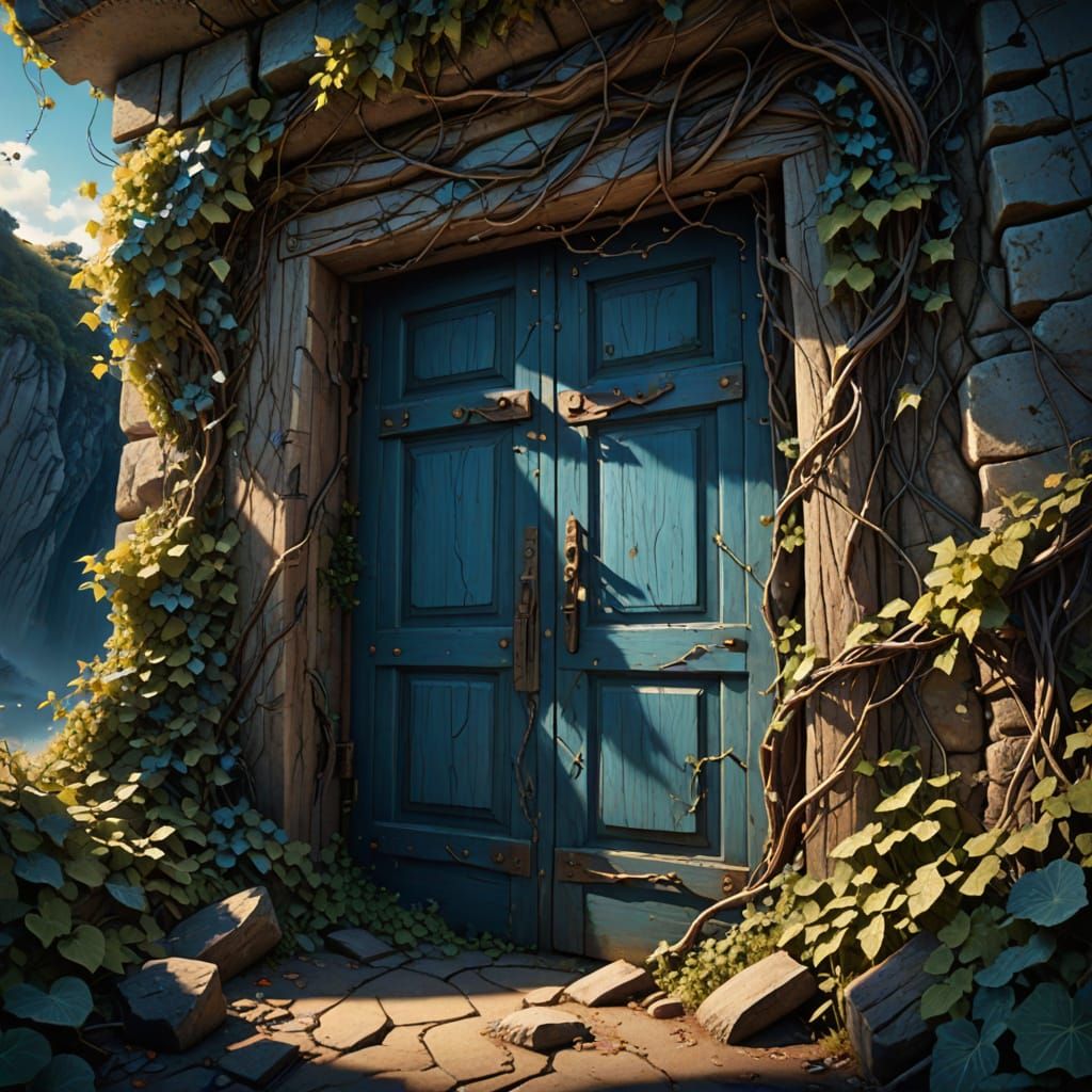 Mystical Door in Cliffside with Glowing Cracks