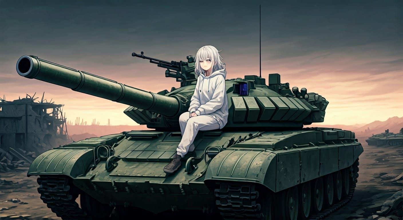 Anime Girl on T-90 Tank in Ruined Landscape