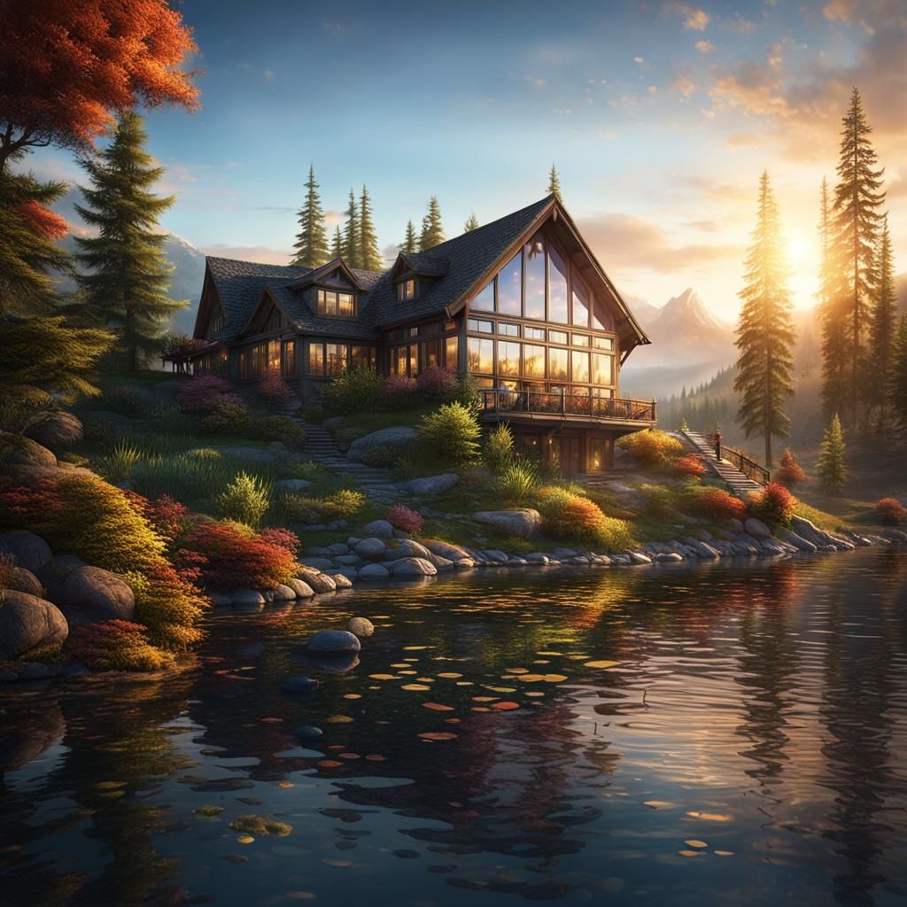 Lake House at Sunrise: Detailed Matte Painting