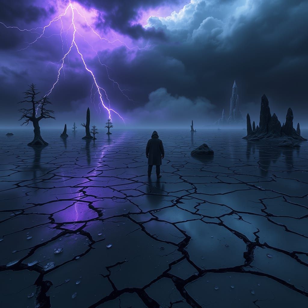 Dark Obsidian Landscape with Sharp Trees and Crystal Formati...