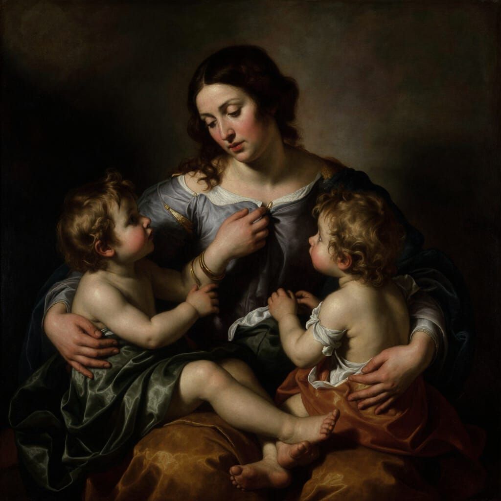 Baroque Mother Nursing Children in Dramatic Light