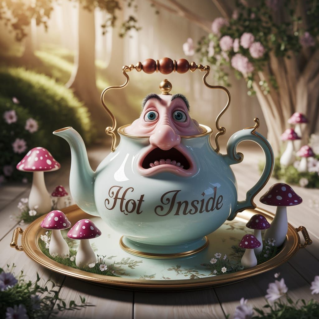 Whimsical Teapot with Terrified Expression in Golden Light