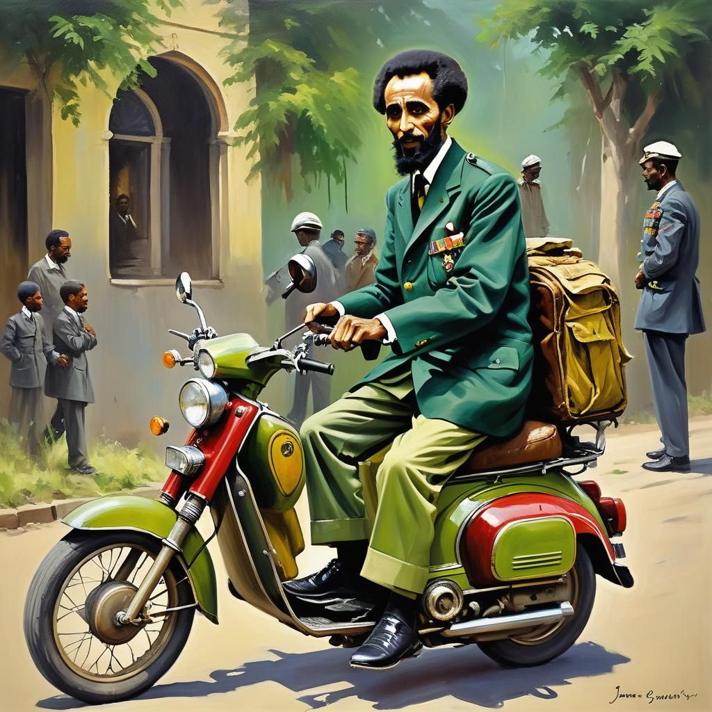 The Emperor on a Vintage Moped in a Vibrant Oil Painting