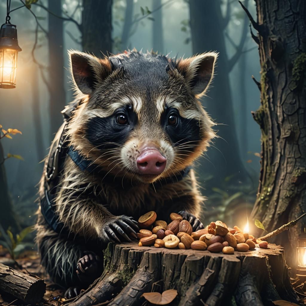Pig Raccoon Hybrid Concept Art in Misty Forest