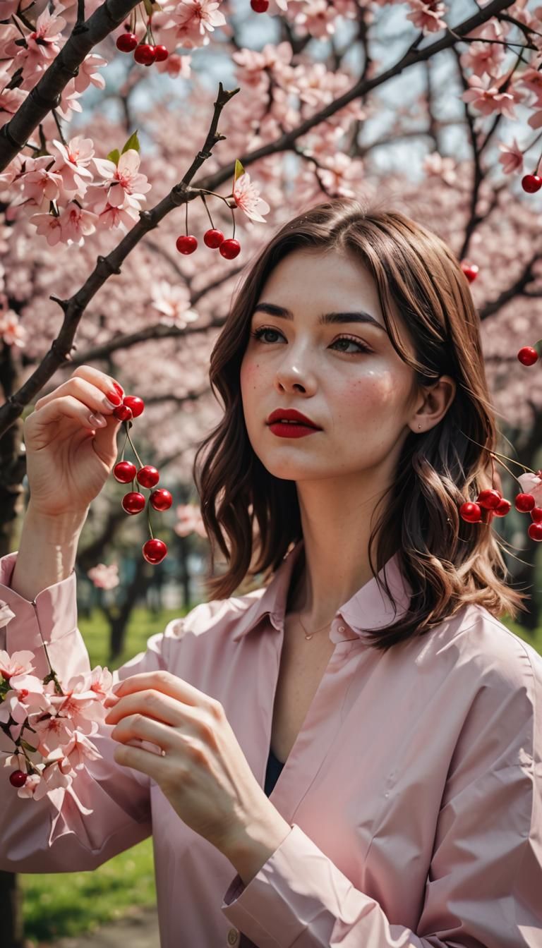 Brunette Woman with Cherry Branch in Origami Style