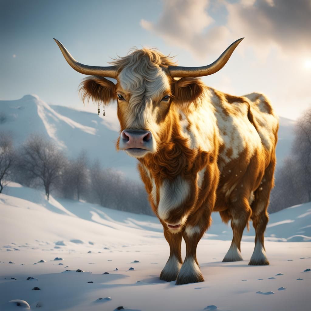 Golden Fluffy Cow in Snowy Landscape