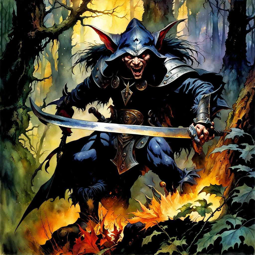 Watercolor Portrait of Puck in Dark Forest