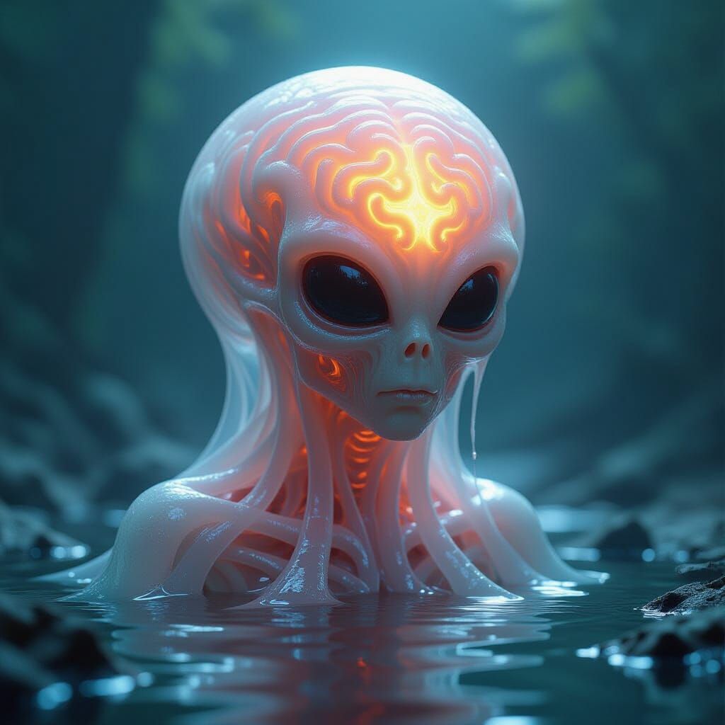 Gelatinous Alien with Glowing Brain in Hyper-Realistic Style