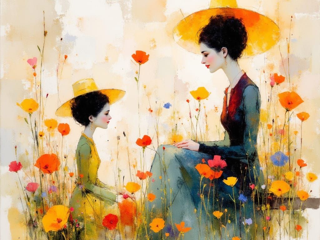 Vibrant Whimsical Women in Dreamlike Watercolor Scenes