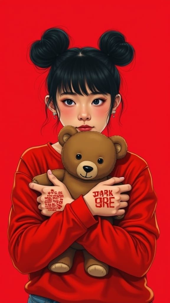 Person in Fire-Engine Red Shirt Holding Worn Teddy Bear in S...