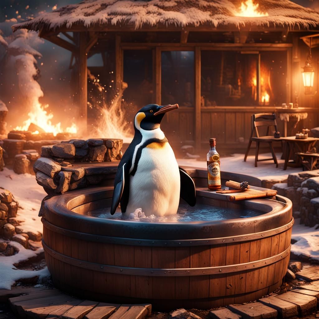 fantasy concept art, wood fired hot tub, penguin with cigar in mouth