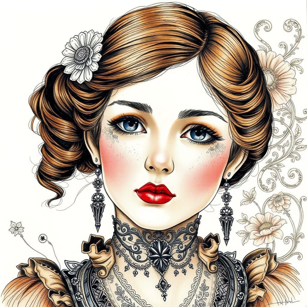 Victorian Girl Portrait in Watercolor Style