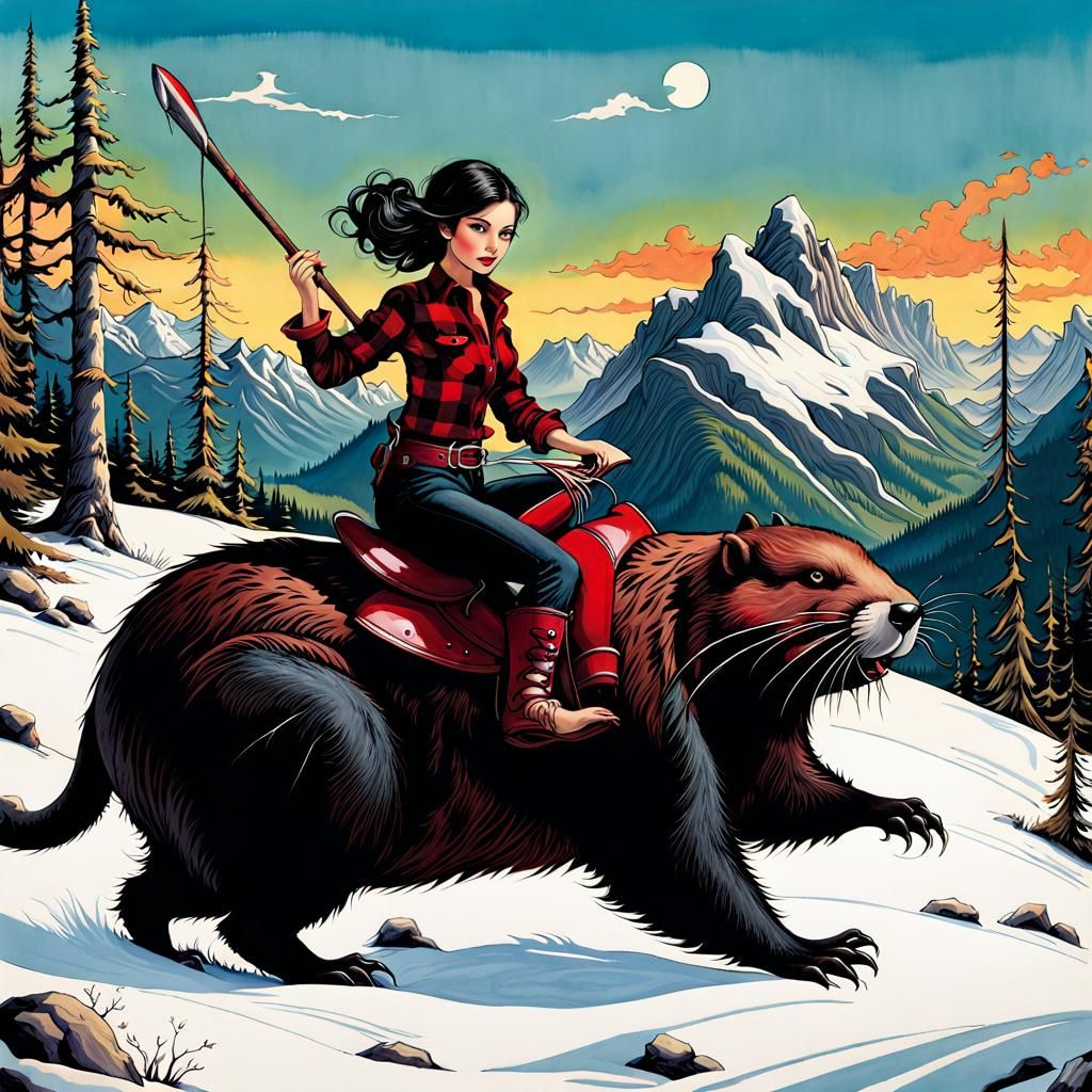 Lumberjack Woman Rides Beaver: Whimsical Ink Painting
