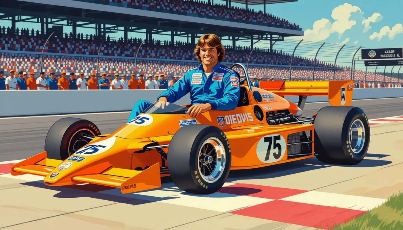 Indy 500 Driver Poses on Race Car, 1970s Style