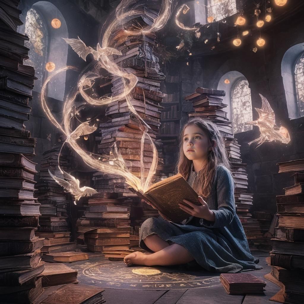 A little girl is sitting on the floor of an ancient, mystica...