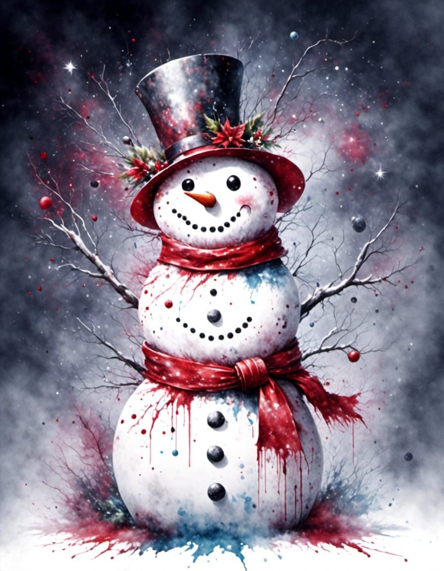 Dark Red Christmas Snowman in Watercolor Style