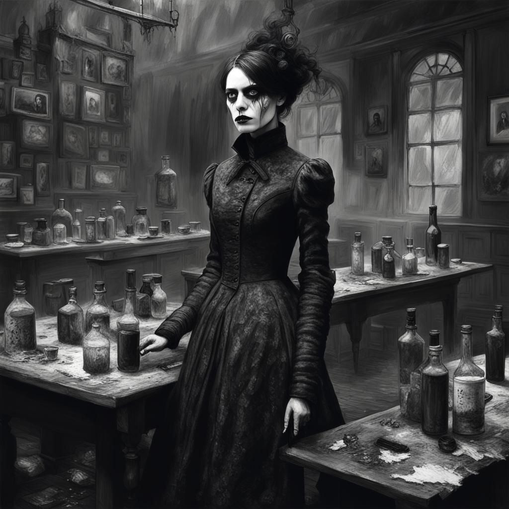 Goth Model with VR Goggles in Horror Art Style