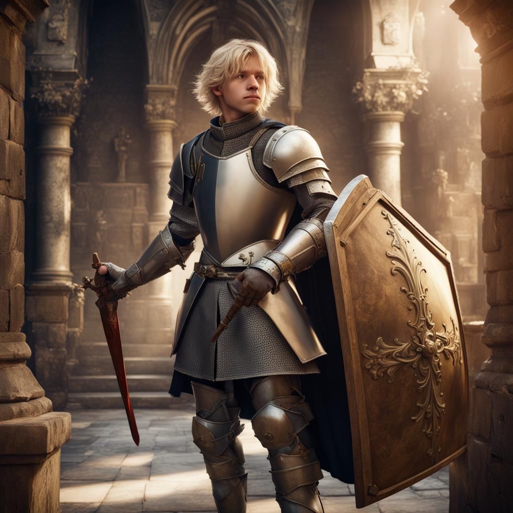 Renaissance Squire in Castle Holding Helmet and Shield