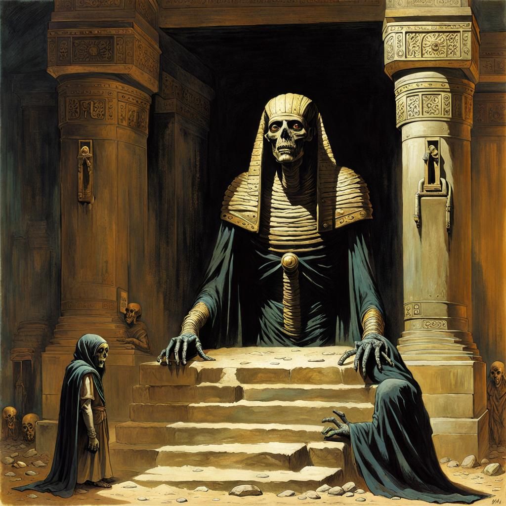 Macabre Mummy Emerges from Tomb in Chiaroscuro