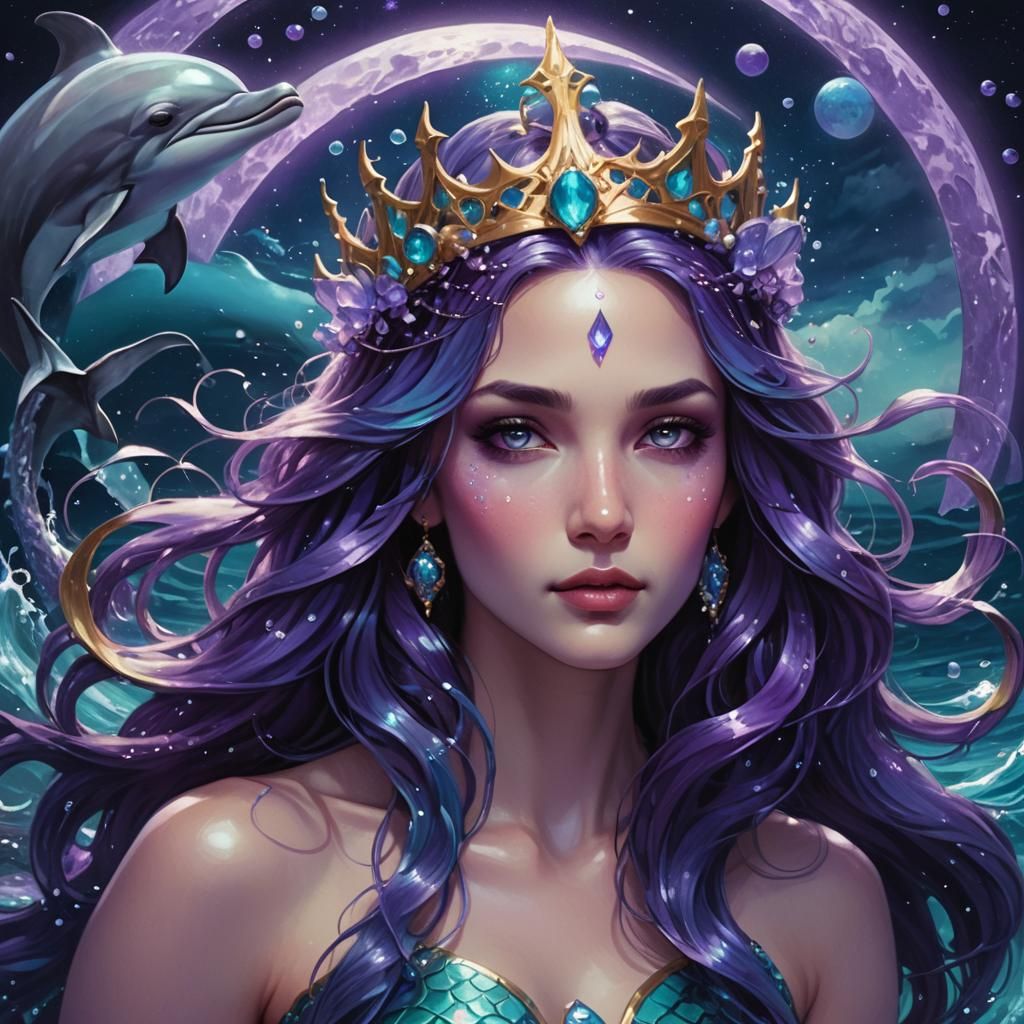 Mermaid with Blue Hair in Moonlit Ocean